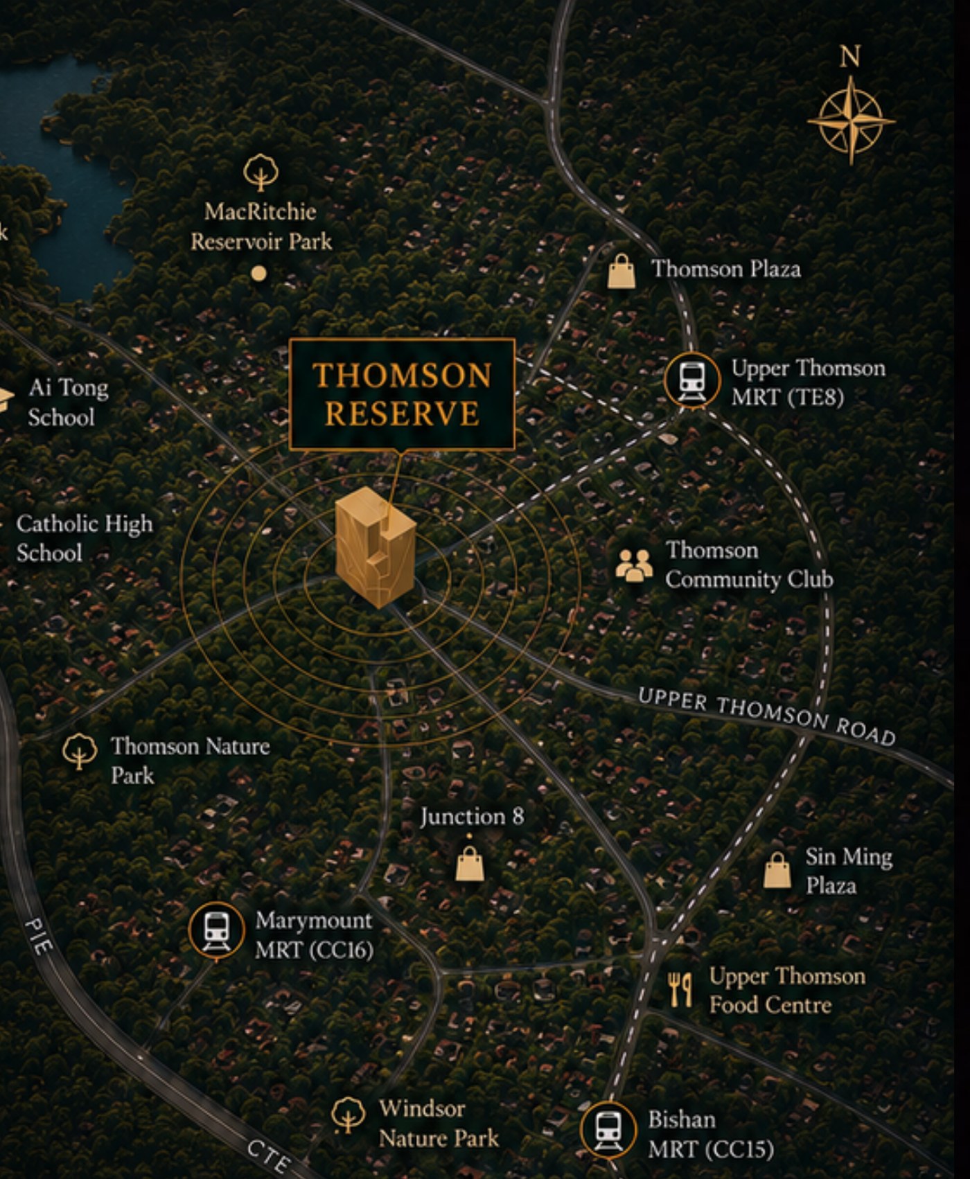 Locality map showing Thomson Reserve at Bright Hill Drive with MacRitchie Reservoir, Thomson Plaza, Upper Thomson MRT, Marymount MRT, Bishan MRT, Ai Tong School and Catholic High School nearby