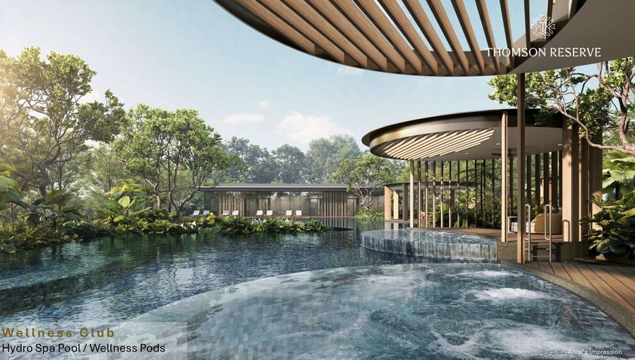 Official developer rendering of Thomson Reserve's Wellness Club hydro spa pool and wellness pods